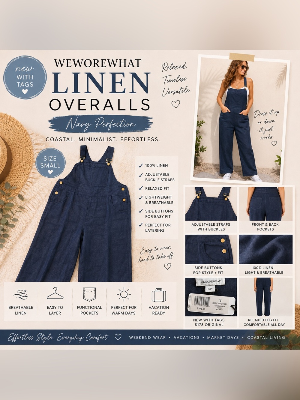 WeWoreWhat Navy Linen Overalls – Adjustable Straps – Size Small